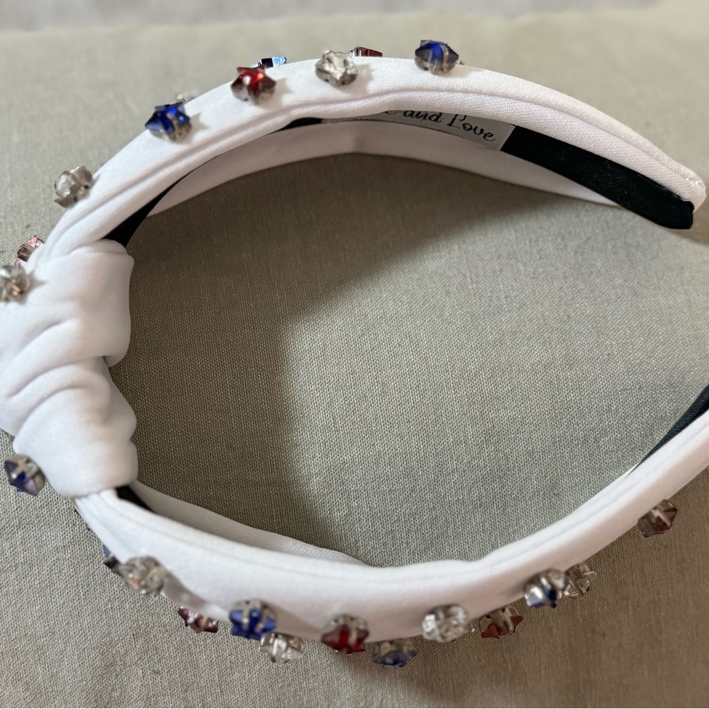 White Headband with Red, White and Blue Gemstones